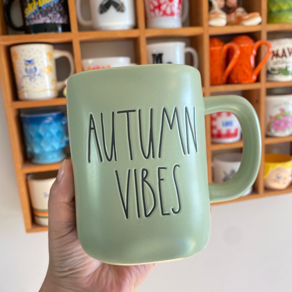 Rae Dun AUTUMN VIBES sage green ceramic coffee mug - new old stock